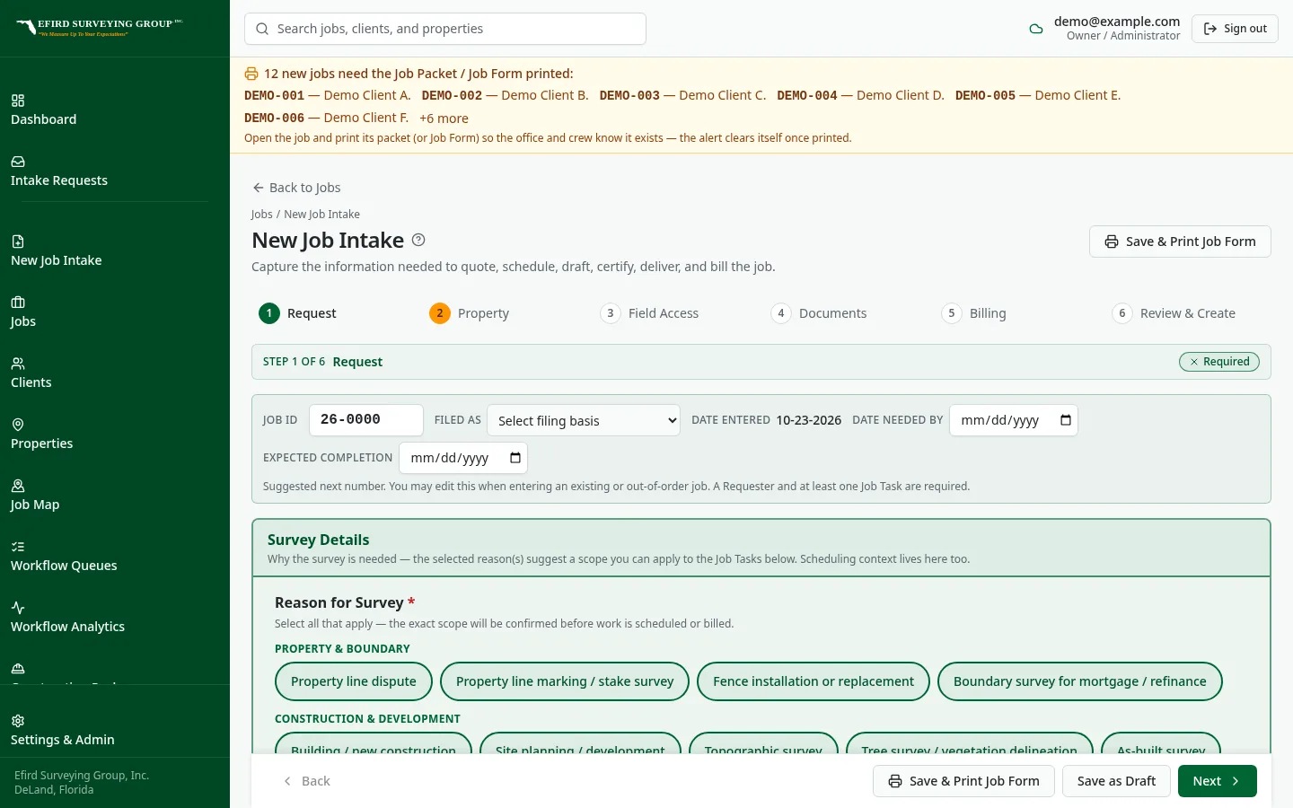 Efird Surveying Group custom software: Custom six-step intake from request to review