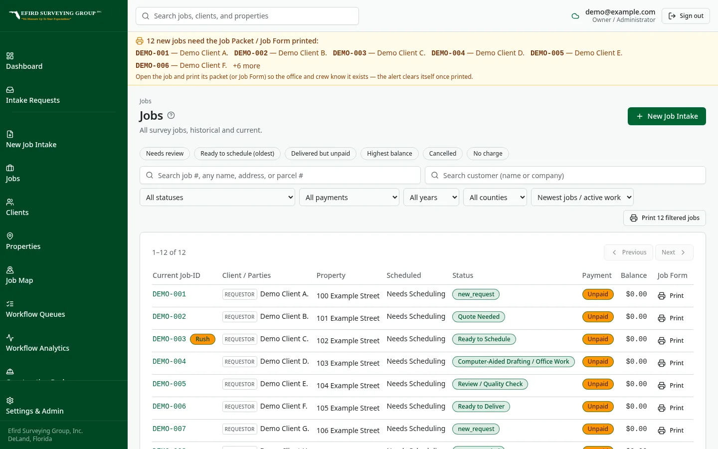 Efird Surveying Group custom software: Job table designed around survey job numbers and status